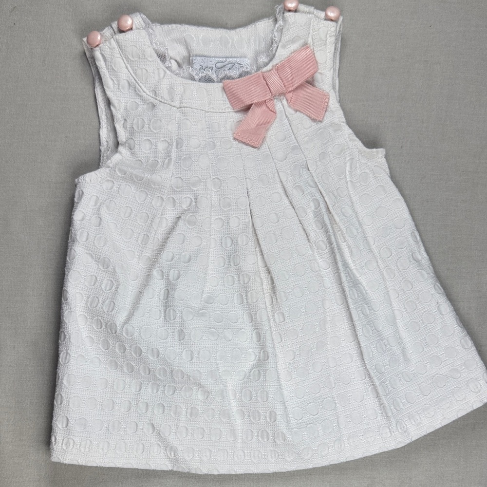 White Textured Baby Dress with Pink Bow - Kids Dresses
